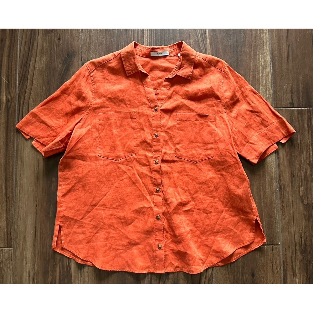 Bonita Orange 100% Linen Short Sleeve Button Down Shirt Pockets Womens‎ 44